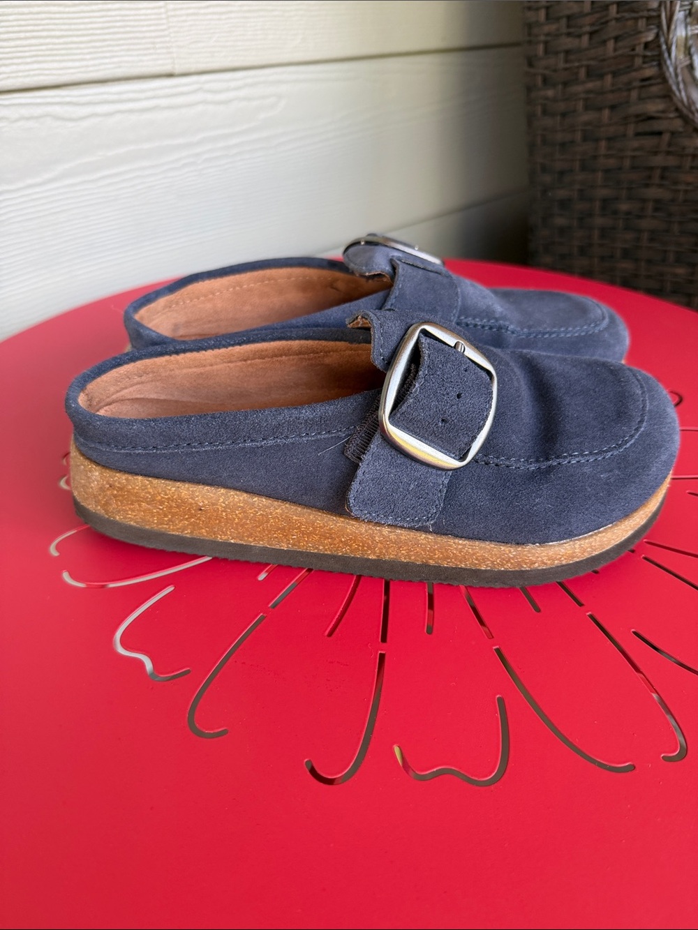 White Mountain Navy Suede Slip-On Mule with Buckle Womens